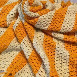 Handmade Crocheted Striped‎ Blanket Yellow Orange w Fringe 50 x 75